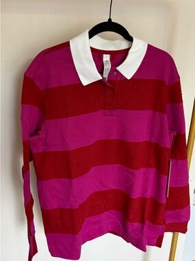lululemon Pink and Red Striped Rugby Polo with White Collar